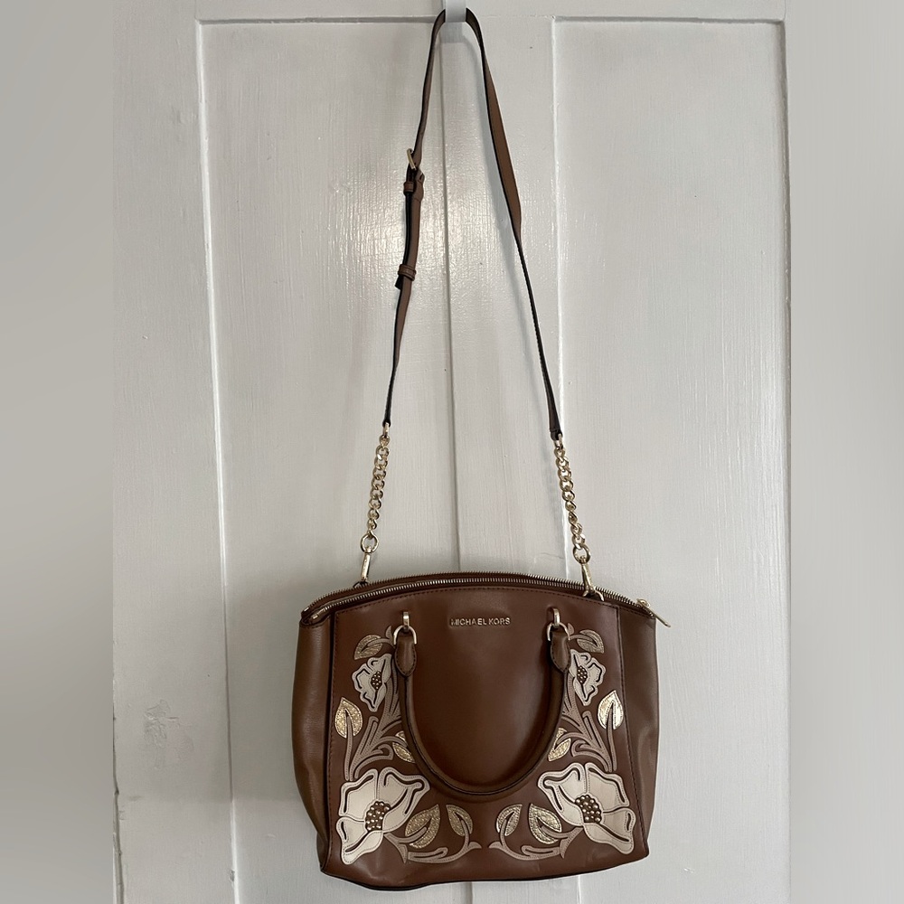 Michael Kors Embellished Leather Crossbody Handbag, Tan w/ Gold, GUC!